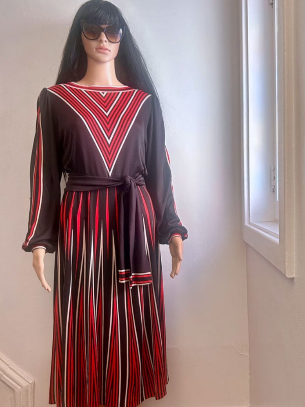 Vintage 70s Tricel Geometric Chevron Striped Maxi Dress M